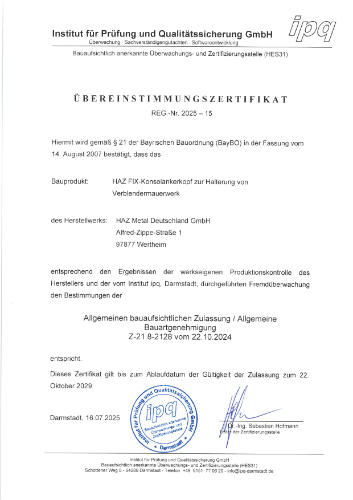 Übereinstimmungszertifikat Fix-Konsolankerkopf zur Z-21.8-2128 Titel